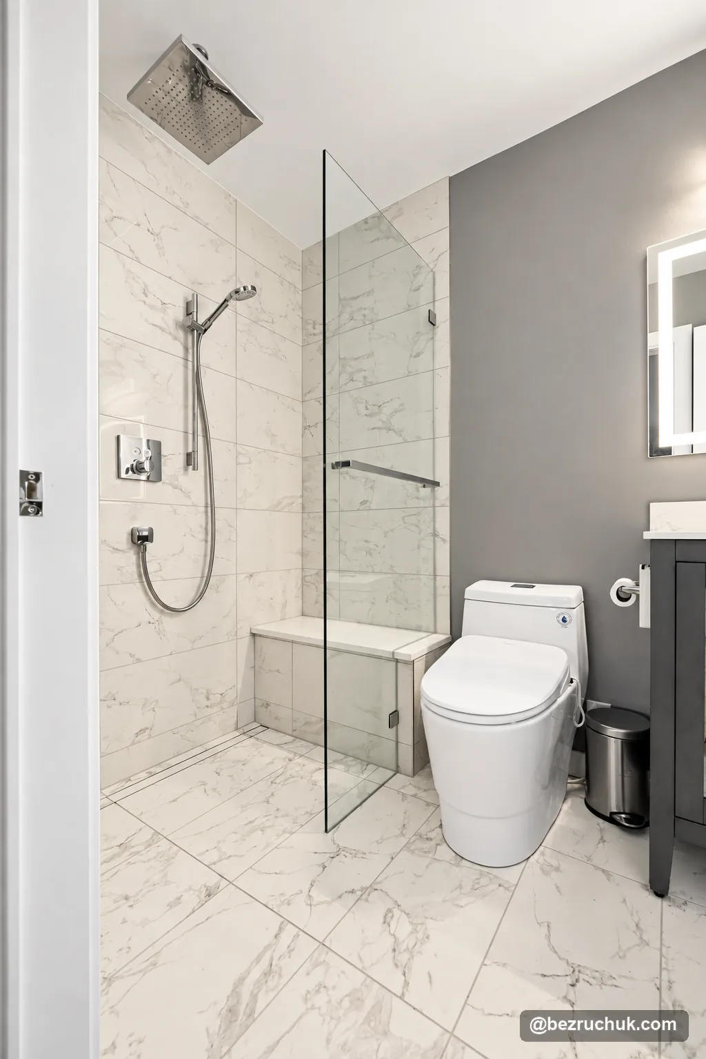 - project image Curbless shower entrance with overhead and handheld shower fittings in Ames Lake
