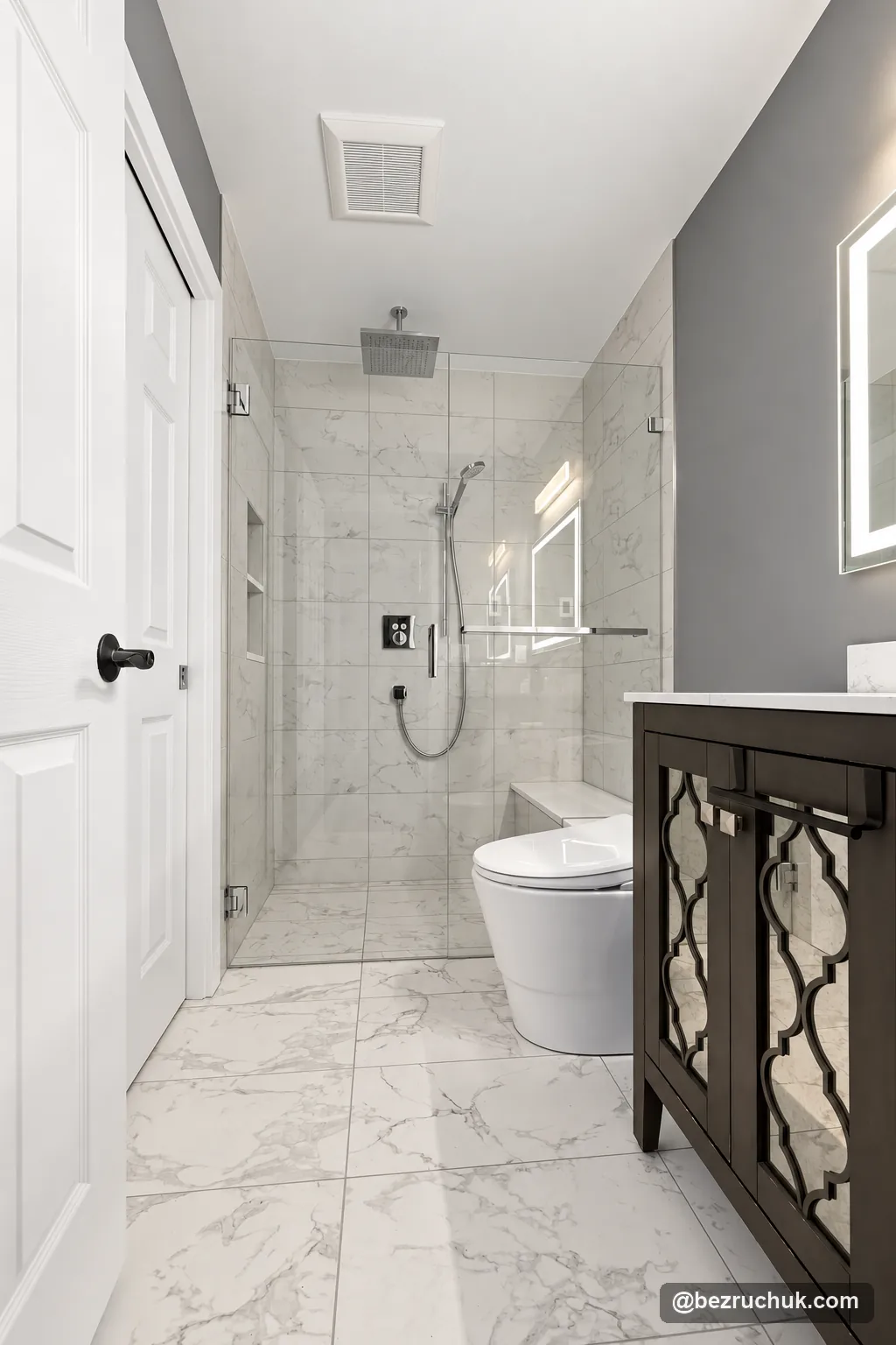 - project image Completed Ames Lake bathroom from the doorway with a continuous tiled shower entrance