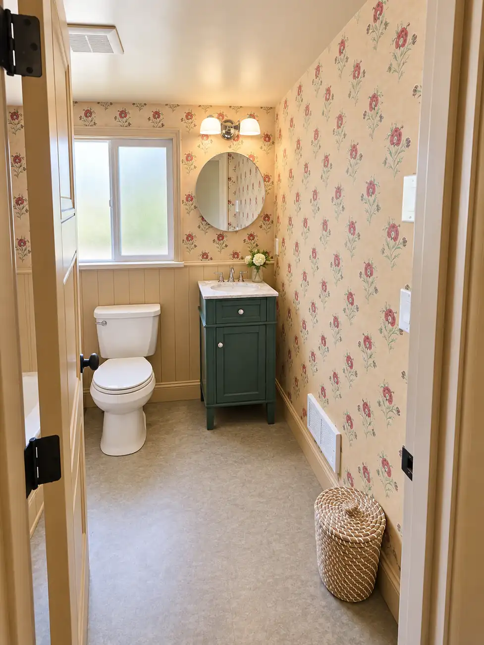 Completed Tacoma farm bathroom with green vanity, round mirror, floral wallpaper and beige wall paneling