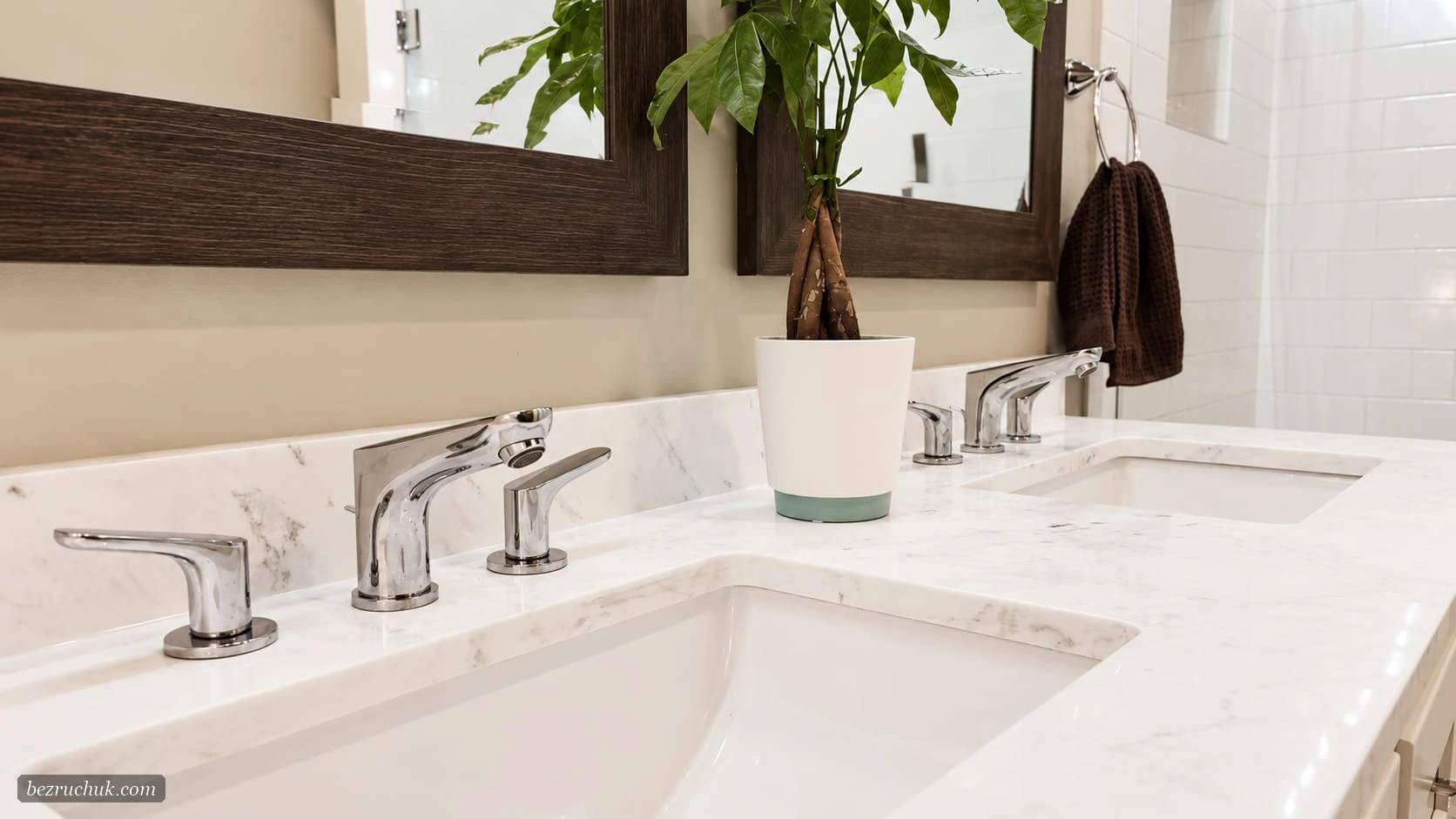 Close-up of two undermount vanity sinks with chrome faucets, dark framed mirrors, and a potted plant on Tapps Island