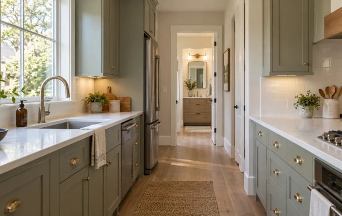 - project image Kitchen with a bathroom vanity visible through the doorway. kitchen or bathroom remodel first.